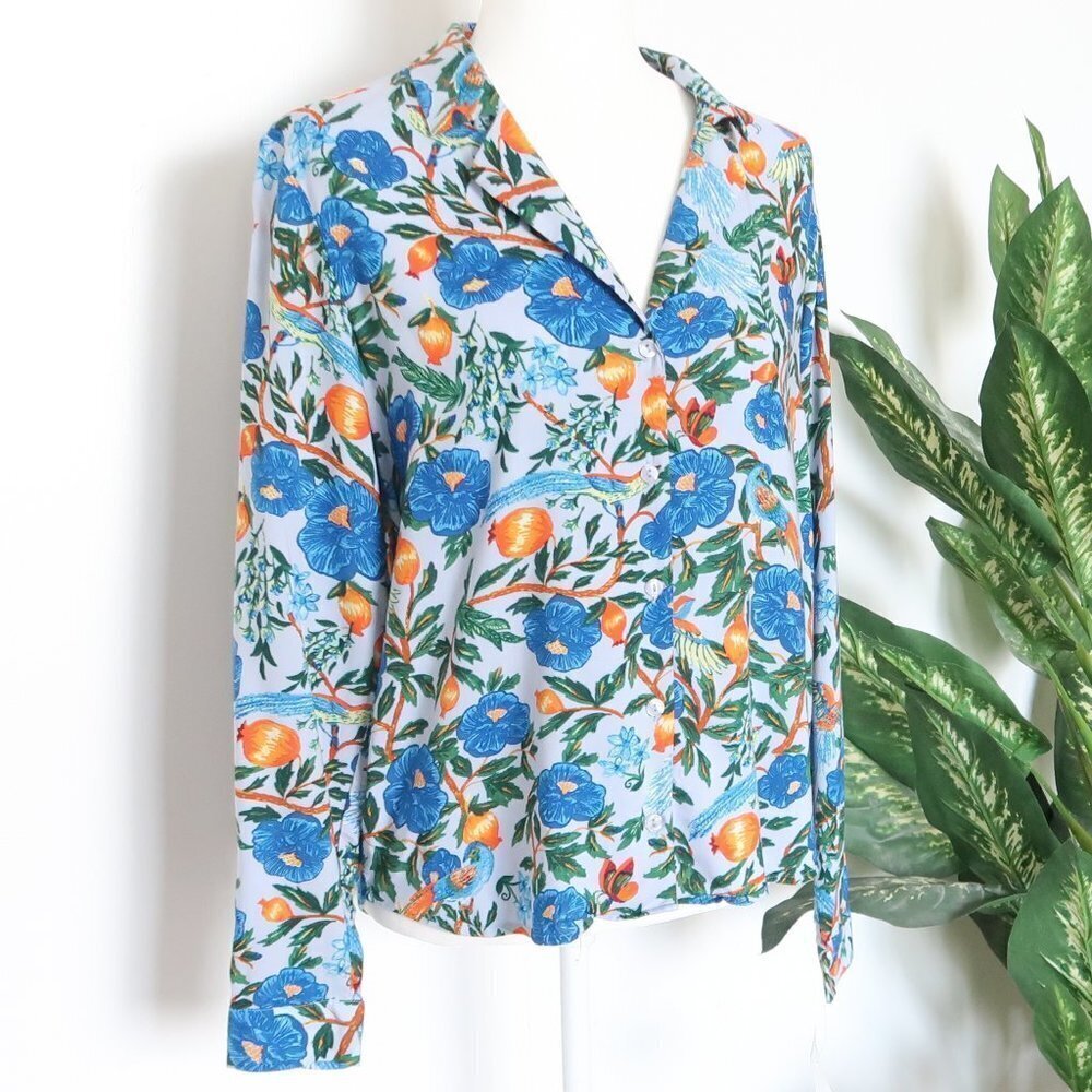 Monki Blue Yellow Orange Print Floral Print Button Front Blouse Shirt Top Medium